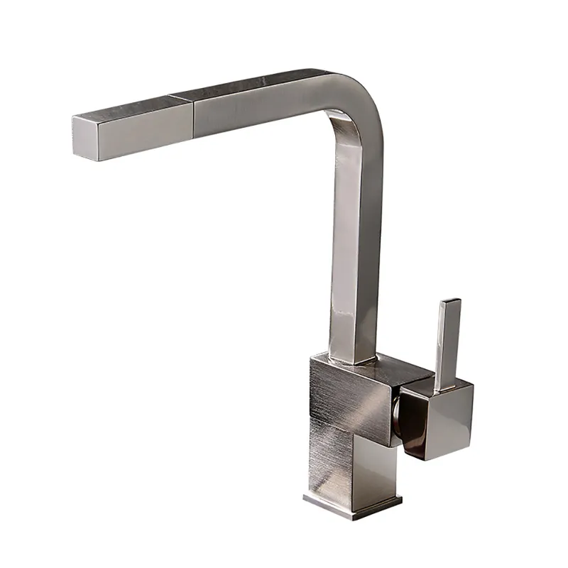 Contemporary Single Handle Square Pull-Out Brass Kitchen Faucet in Brushed Nickel