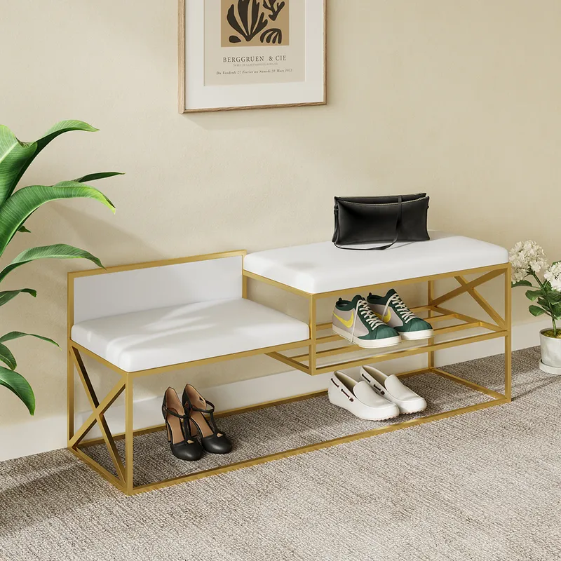 Modern PU Leather Upholstered Entryway Bench White with Gold Legs