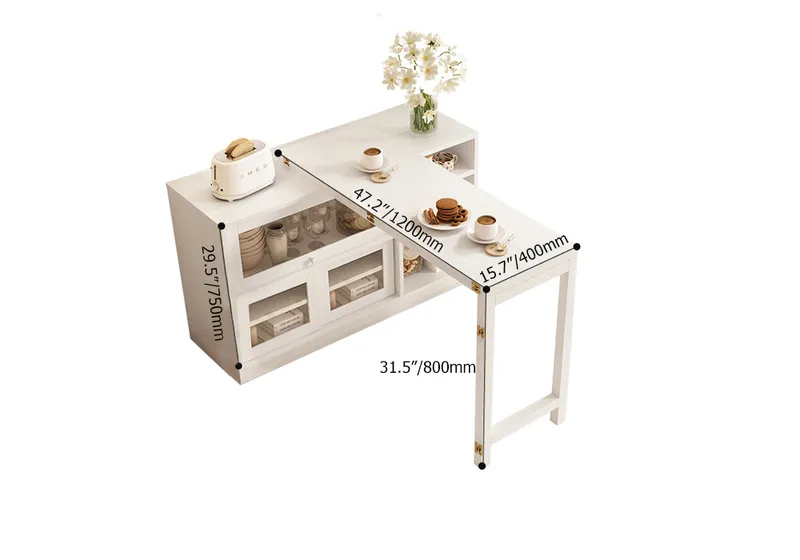 47" White Storage Sideboard Cabinet Extendable Wood Buffet Foldable Dining Table