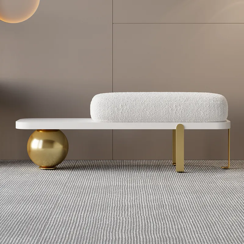 White & Gold Wooden Entryway Bench Boucle Upholstered with Abstract Metal Legs