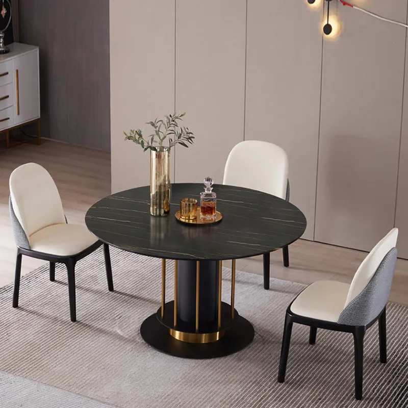 Round Dining Table Modern Black Sintered Stone Dining Table Stainless Steel Base