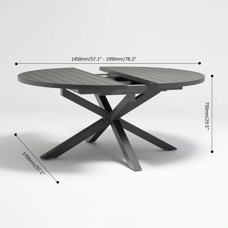 Outdoor Extendable Round Trestle Dining Table with Aluminum Frame in Black