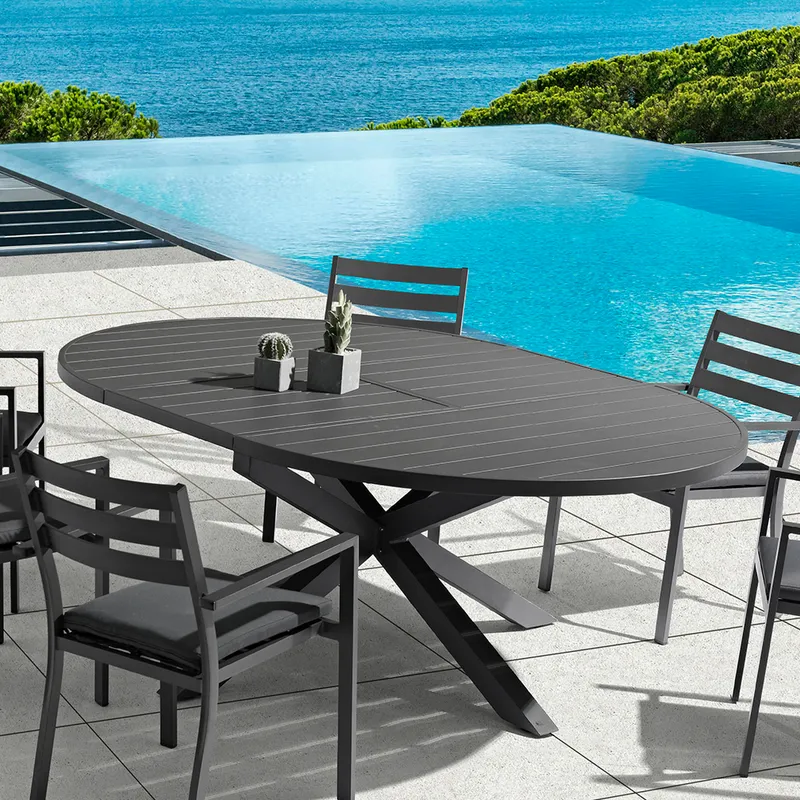 Outdoor Extendable Round Trestle Dining Table with Aluminum Frame in Black