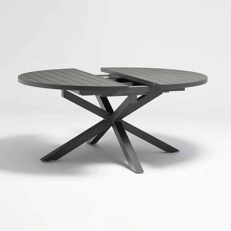 Outdoor Extendable Round Trestle Dining Table with Aluminum Frame in Black