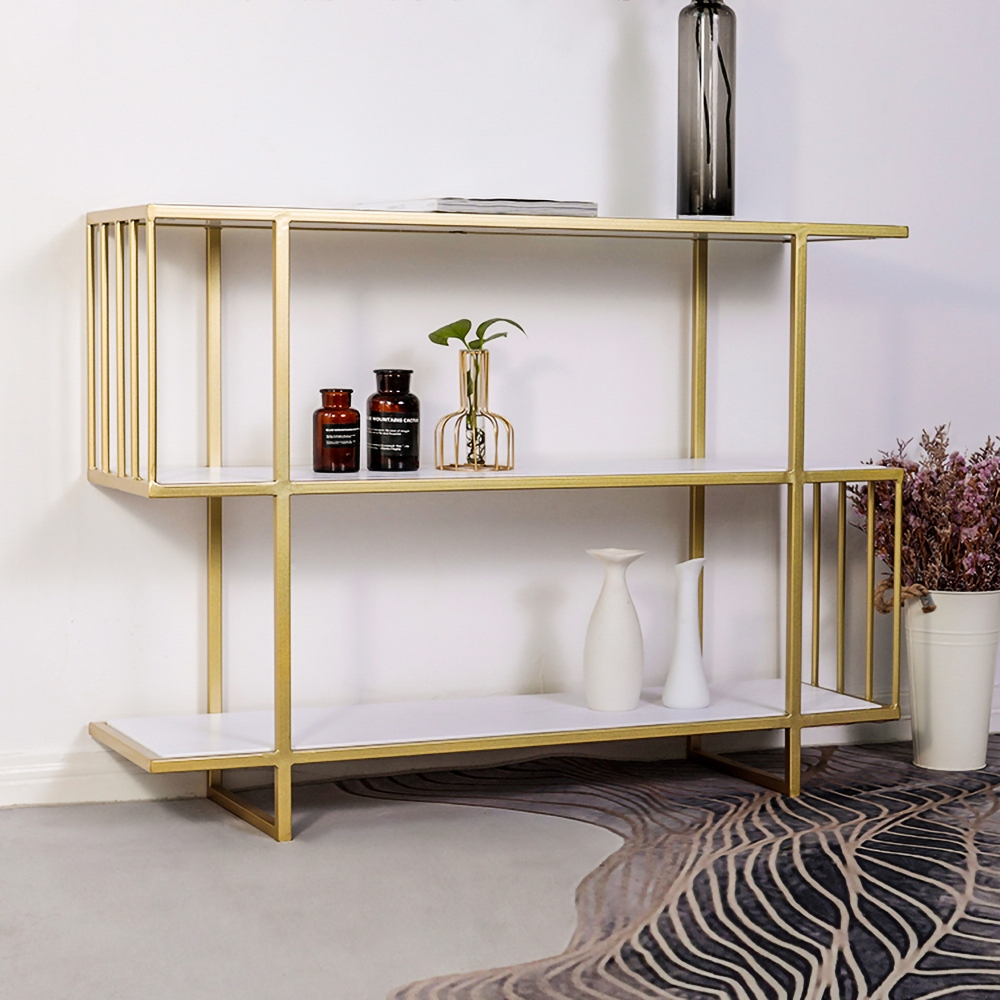 

White Rectangular Narrow Console Table with Shelves Modern Metal in Gold