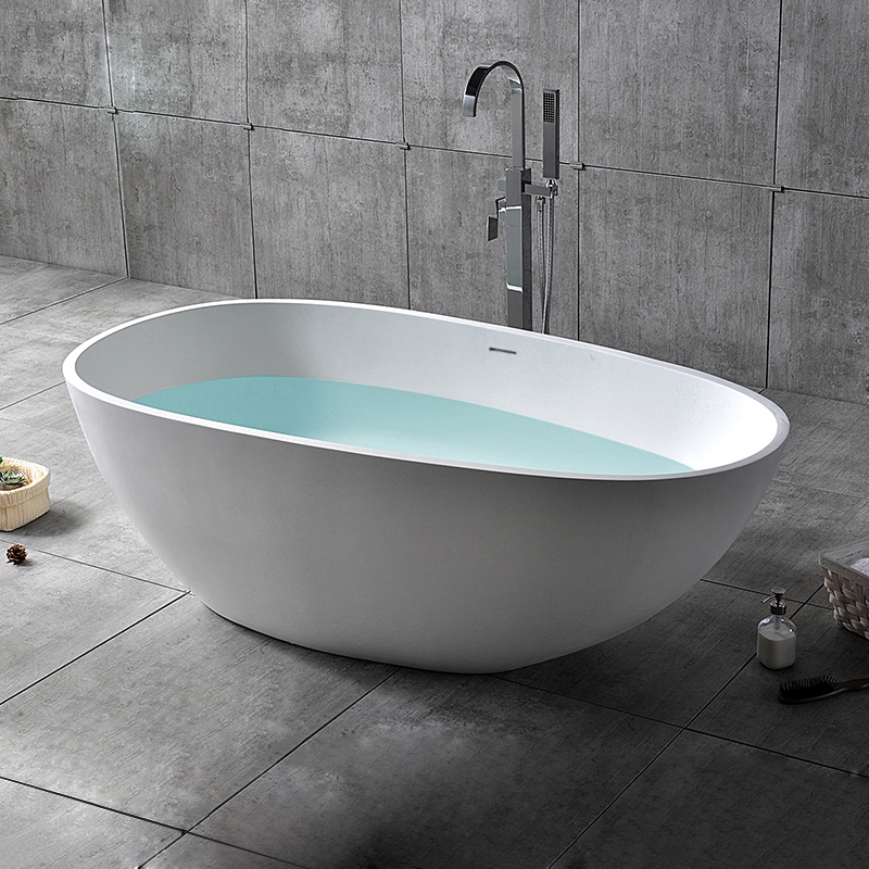 Oval Freestanding Soaking Bathtub Stone Resin With Center Drain & Overflow In Glossy White