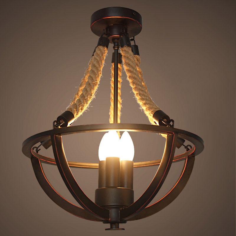 

Rustic Hemp Rope Iron Basket Antique Black Semi Flush Mount with 3 Candle Lights