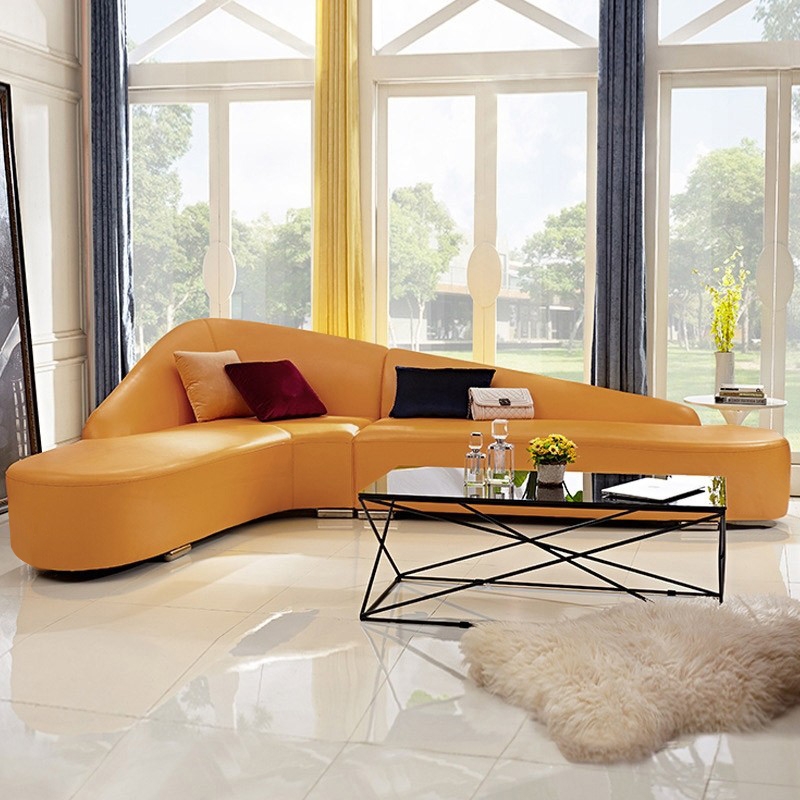 Modern Faux Leather Sectional Sofa Upholstered L Shaped Corner Orange Modern Faux Leather Sectional Sofa, Fake Leather Curved Sectional Sofa