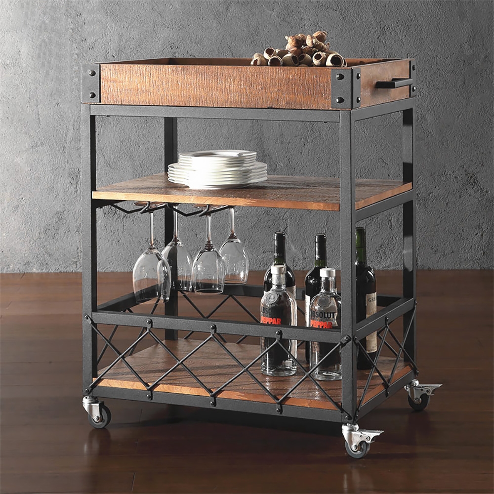 

Vintage 23.6" 3-Tier Rolling Bar Cart Glasses Holder with Handle Black Metal & Wood