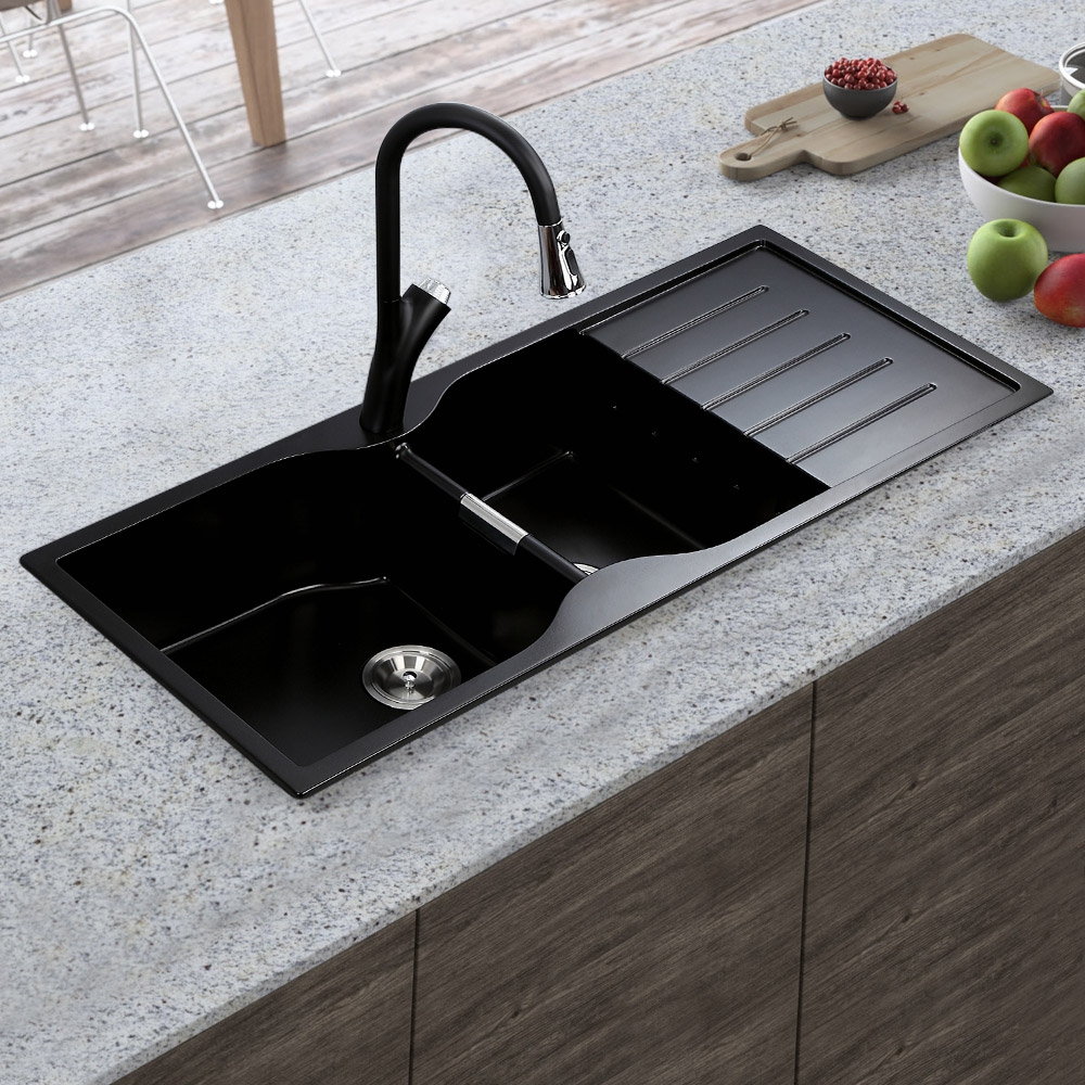 45" Drop-in Matte Black Kitchen Sink With Drainboard Double Bowl Quartz