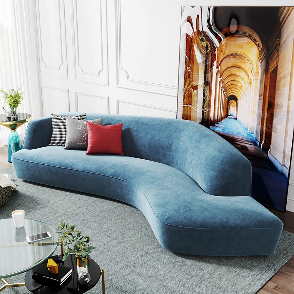 82.7"/94.5" Blue Curved Sofa Upholstered Corner Chaise Sofa Velvet