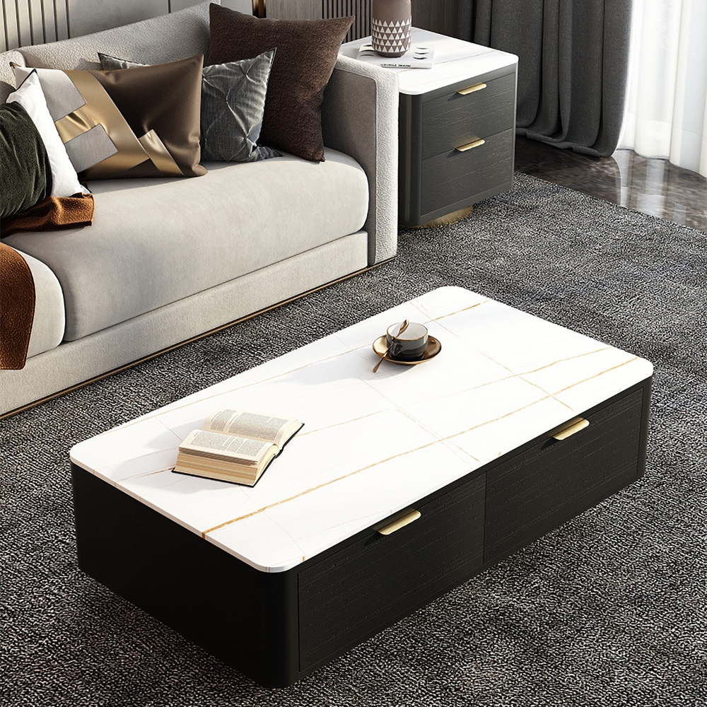 

White Rectangular Coffee Table with Storage Stone 2-Drawer Accent Table