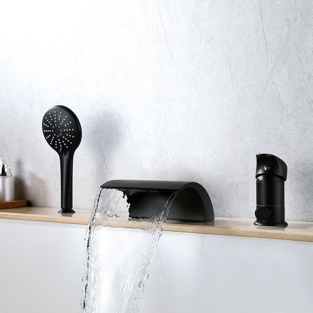 Victoria Roman Waterfall Tub Faucet Single Handle With Handheld Shower In Matte Black Bathroom 0157