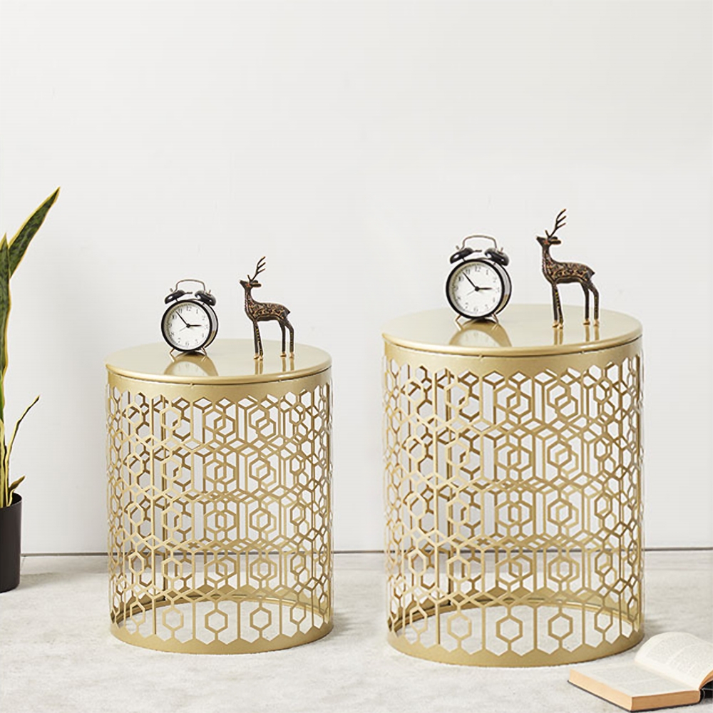 

Gold Modern Round End Table Set of 2 Hollowed Design Metal Side Table