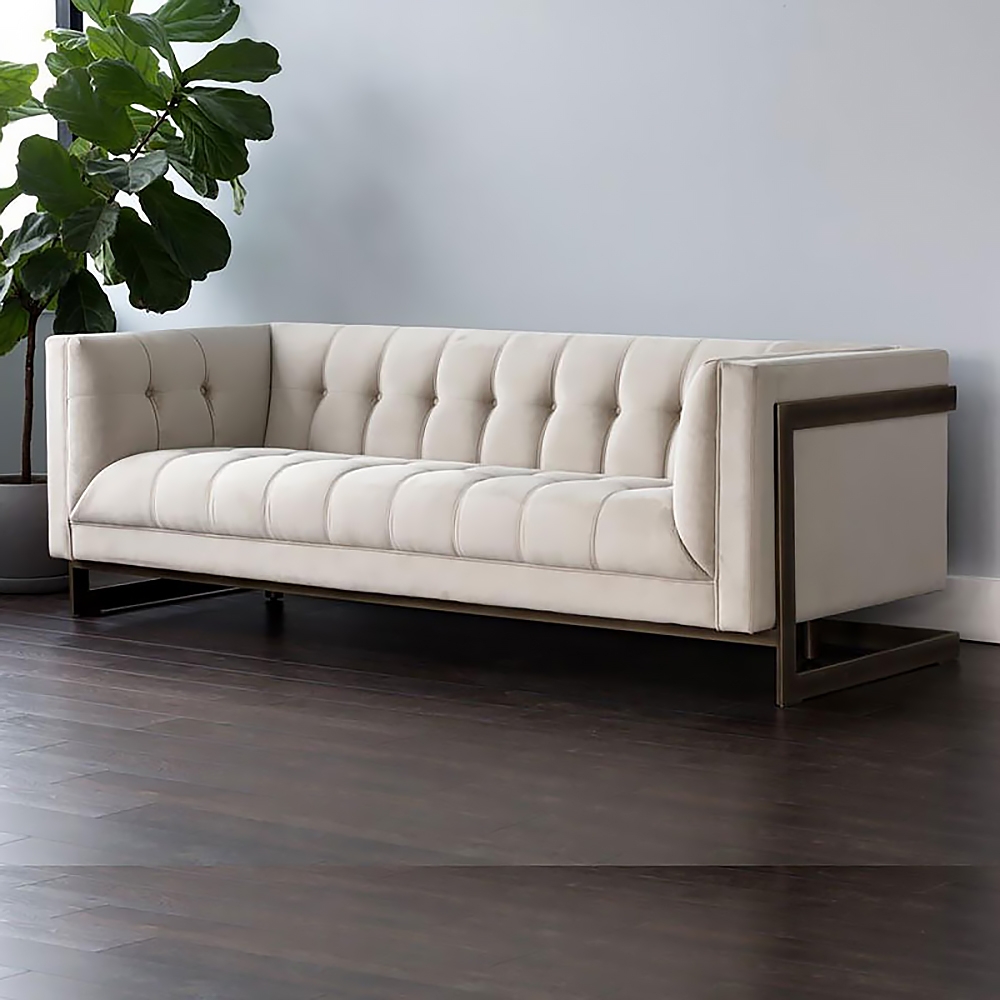 

Modern Sofa Off-white Velvet Upholstered Tufted Sofa 3-Seater Sofa Stainless Steel Base