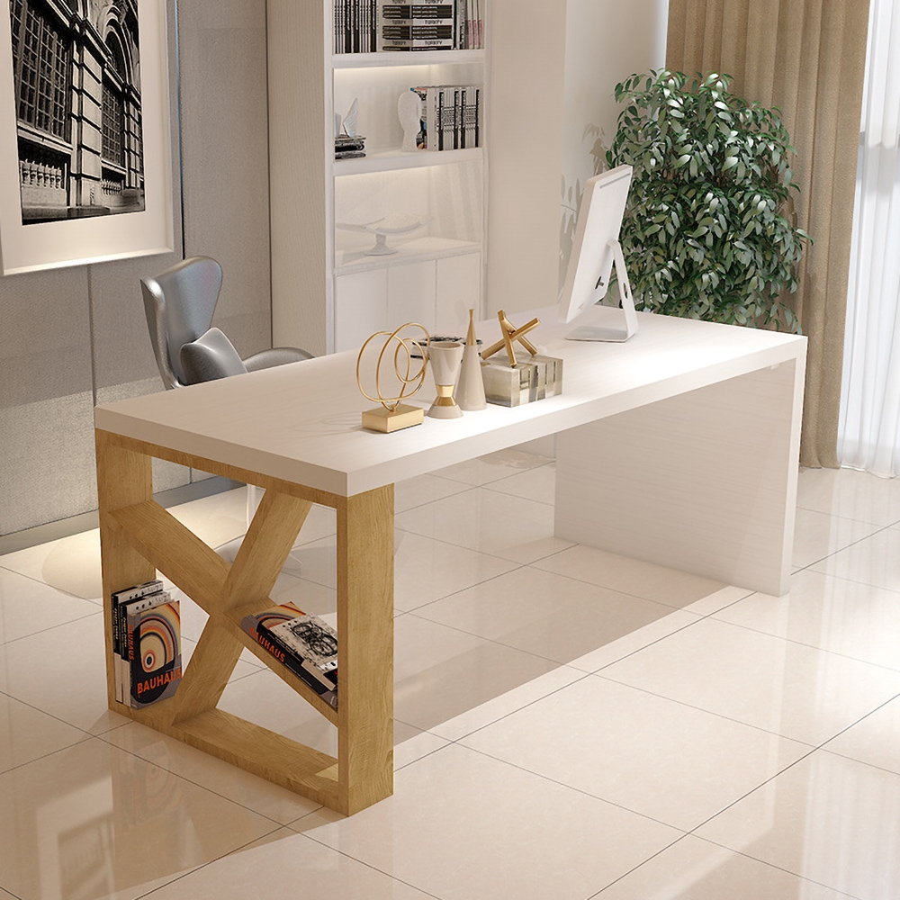 Modern White and Natural Rectangle Writing Desk with Shelf in Gold