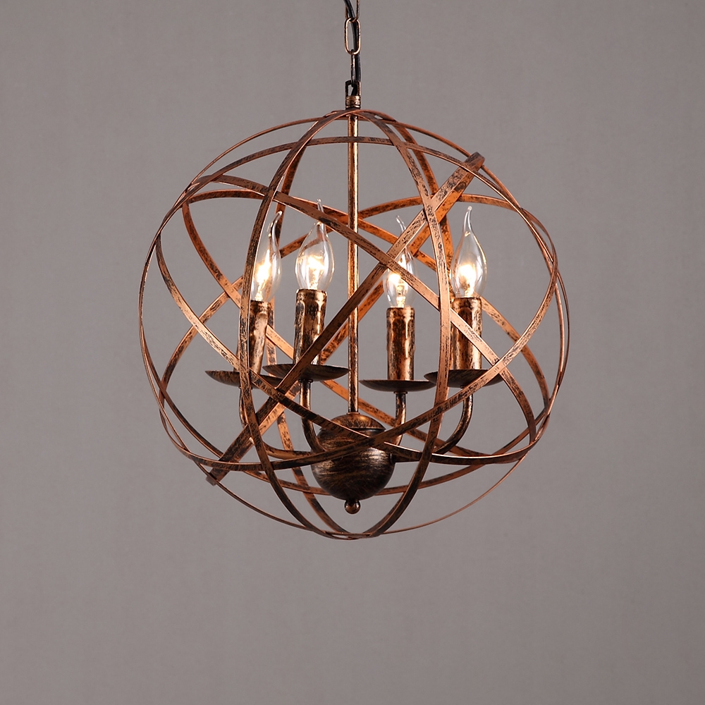 Antique Brass Warehouse Orb Cage 4-Light Suspended Metal Globe Candle Style Chandelier