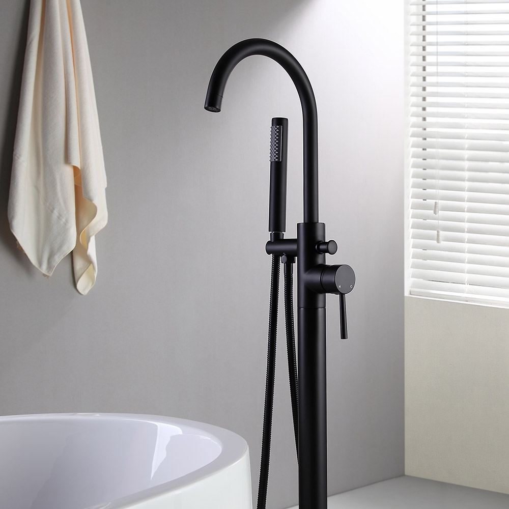 Brewst Modern Brass Floor Mounted Bath Filler Tap with Handheld Shower in Matte Black