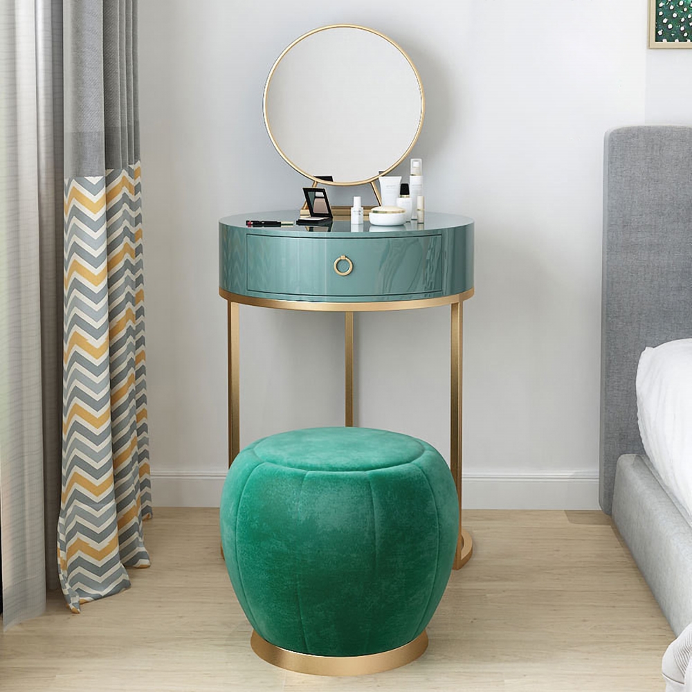 Image of Green Makeup Vanity Set with Drawer Velvet Stool Mirror Included Metal in Gold