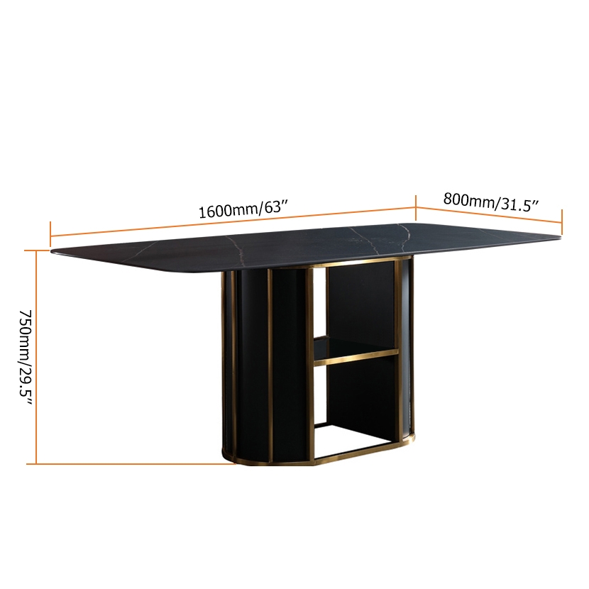 1600mm Modern Black Rectangular Stone Dining Table with One-Shelf Carbon Steel Storage