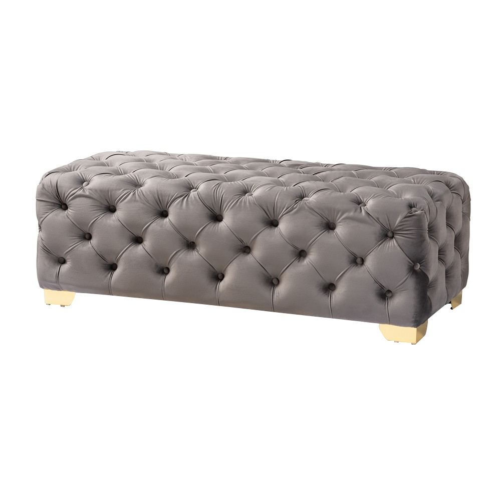 Button Tufted Ottoman Gray Velvet Upholstered Bench Gold Leg Mid-Century Bench