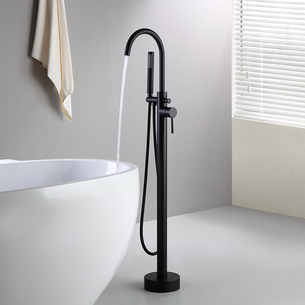 Image of Brewst Modern Brass Floor Mounted Tub Filler Faucet with Handheld Shower in Matte Black