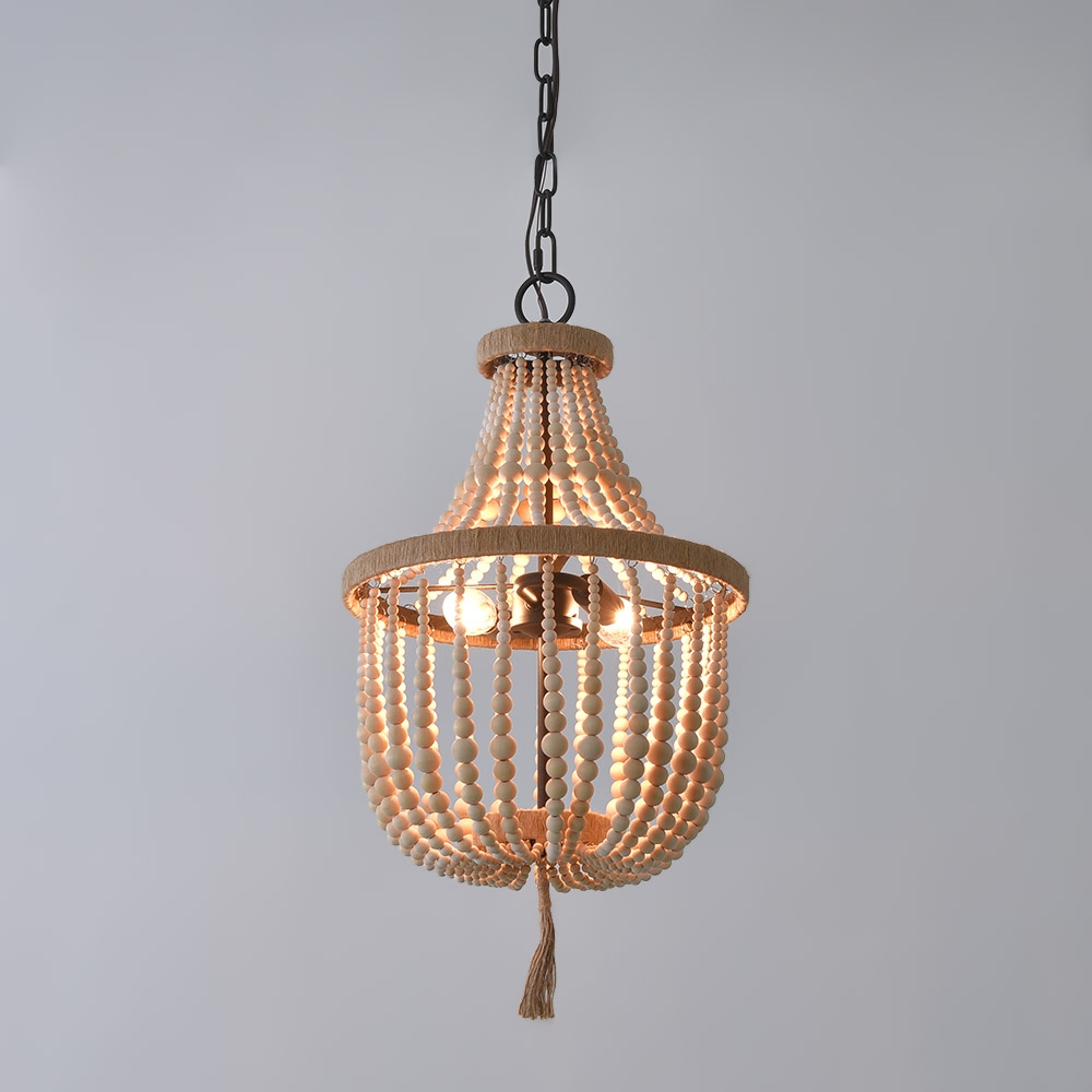 French Country 2-Light Wood Draped Beaded Empire Chandelier Natural Wood and Rope Chandelier