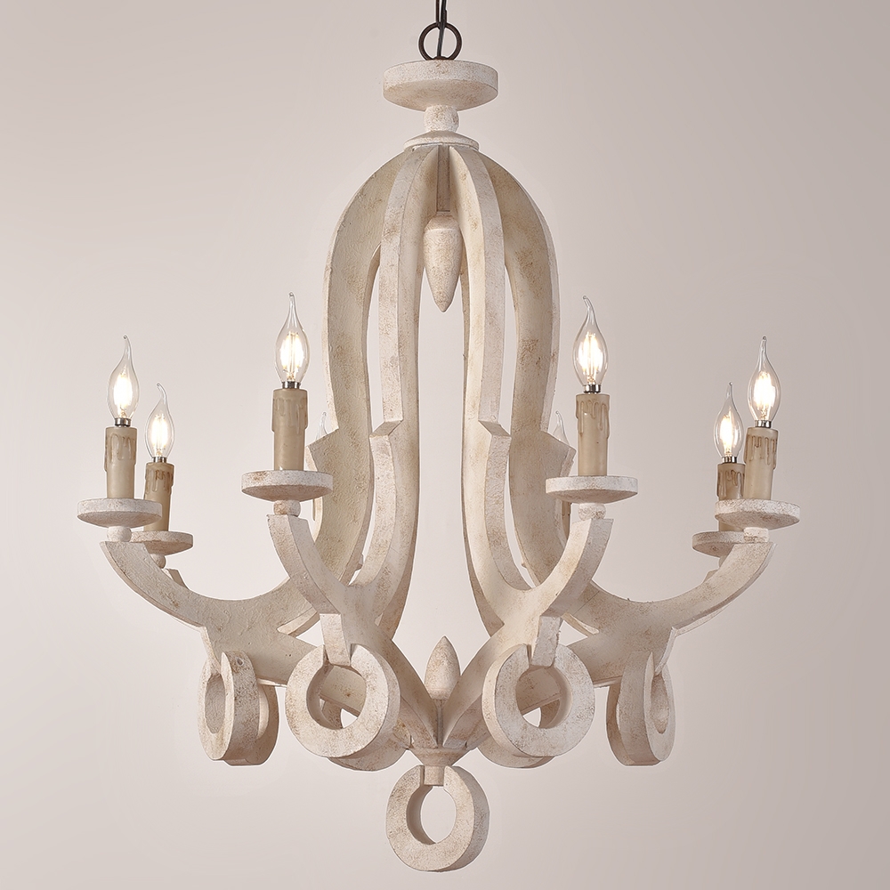 Audrey Cottage Style Distressed White Wooden 8-Light Chandelier with Candle Shaped Light