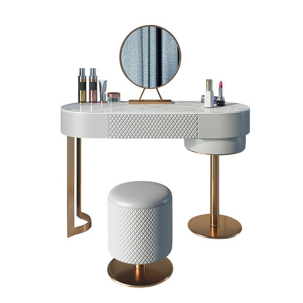 Grey Modern Makeup Vanity Set with Drawer Mirror & Leather Stool Included