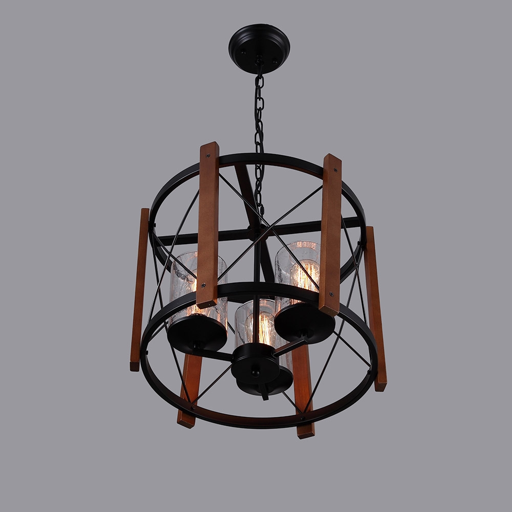 Vintage Farmhouse Drum Chandelier Cylindrical Glass Shade 3Light