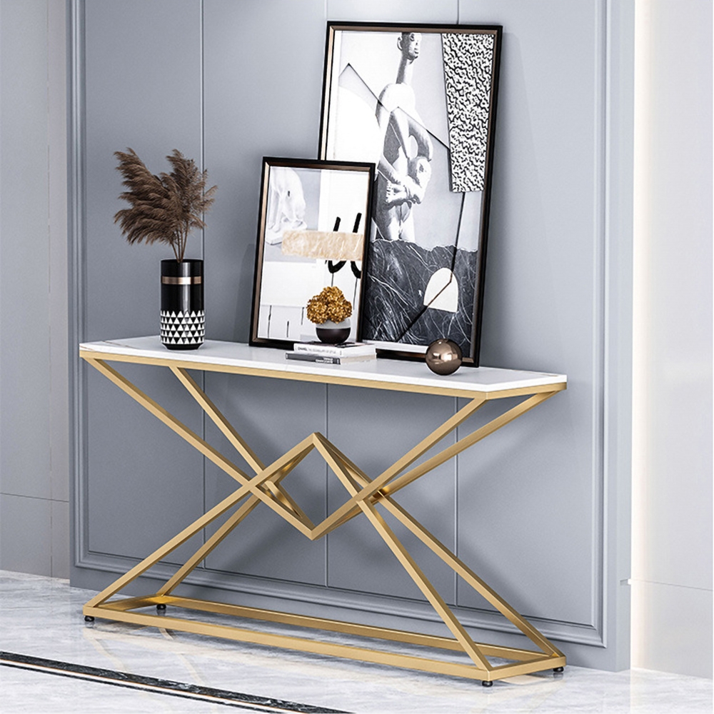 Modern White Luxury Stone Narrow Console Table Rectangle Gold Finish