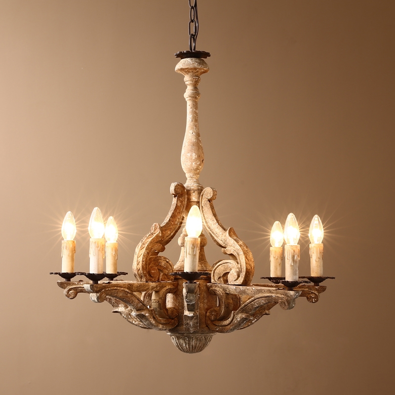 

Retro French Country Carved Wood 8-Light Distressed Candle-Style Chandelier
