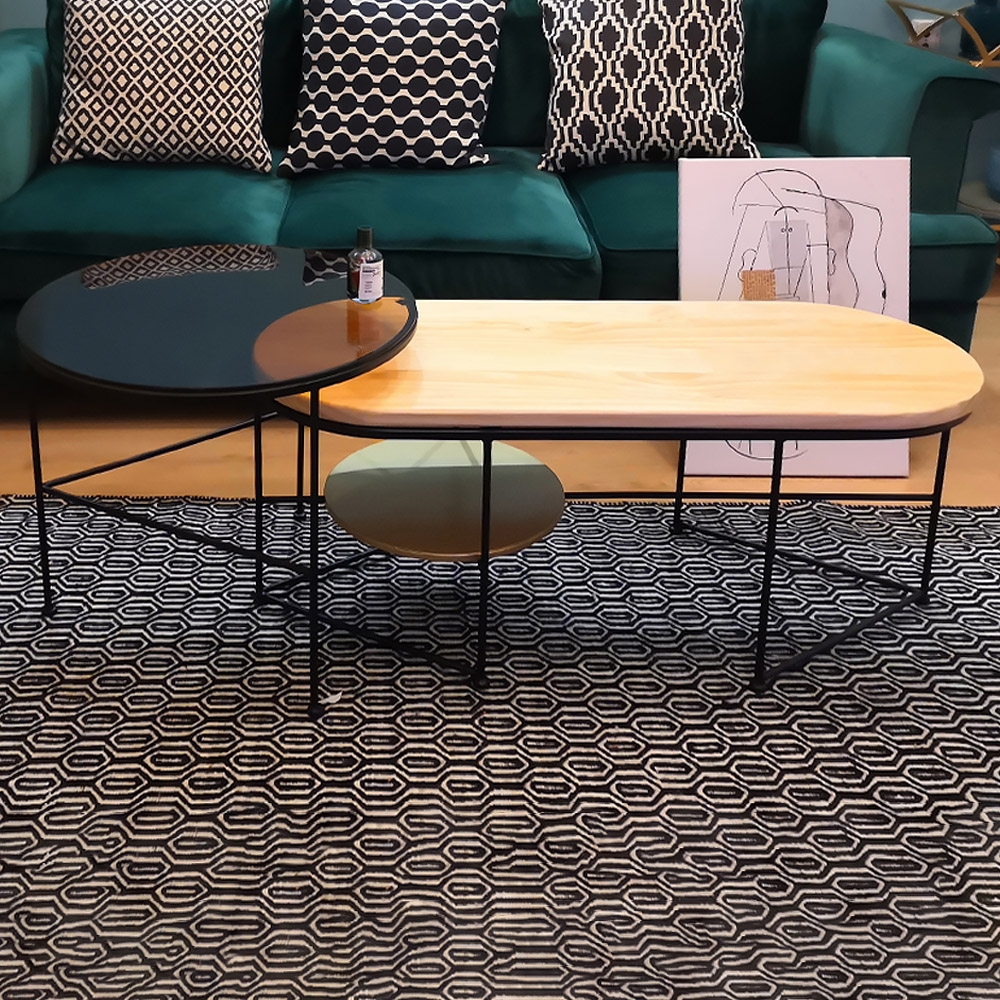 

Natural Solid Wood Oval Coffee Table with Tea Tempered Glass Side Table Set Gold Storage Shelf