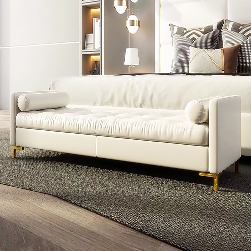 Image of 47.2" White Faux Leather Upholstery Tufted Bench Ottoman Gold Leg Entryway Bedroom