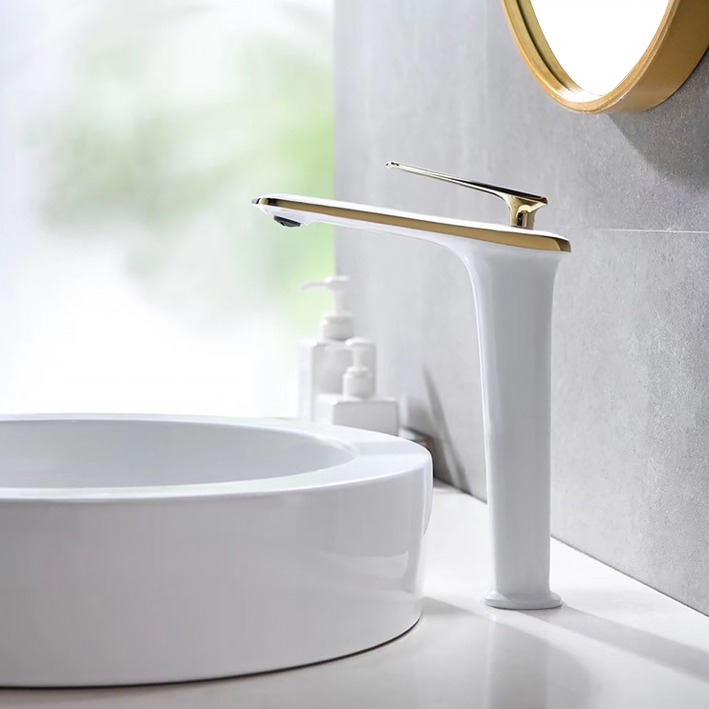 Modern White and Gold Single Hole Single Handle Brass Vessel Bathroom Sink Faucet