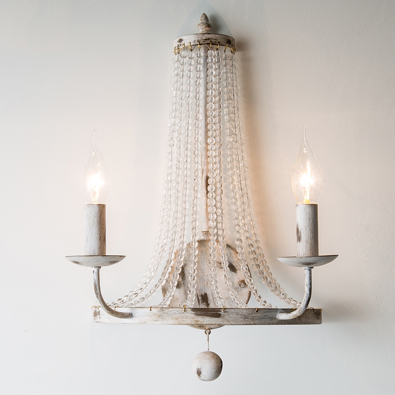 

Rustic Wall Sconce Light in Distressed White, Crystal Beaded Wall Lamp 2-Light