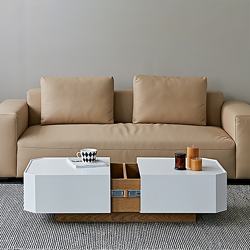 White&Natural Extendable Coffee Table with Hidden Storage Sliding Top
