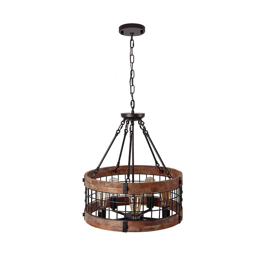 Farmhouse Wood Circle Chandelier Black Metal Cage 5-Light Exposed Bulbs
