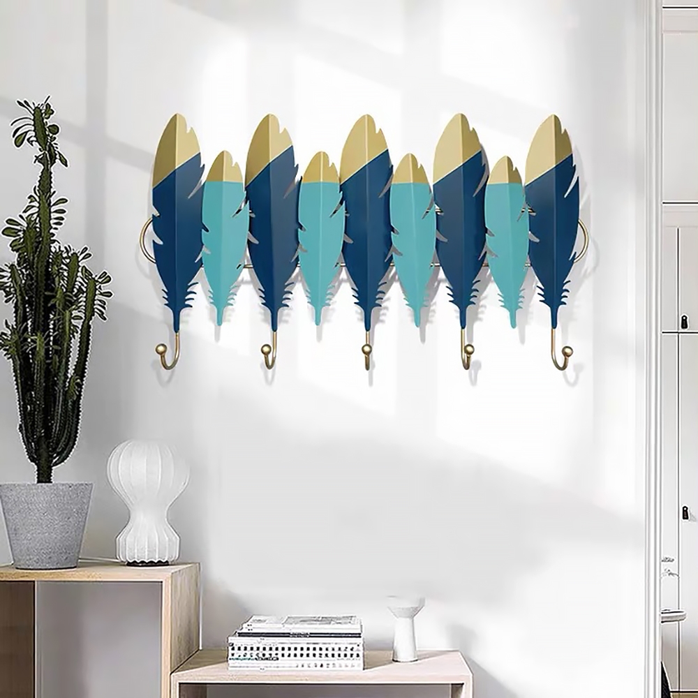 Blue Modern Feather-shaped Wall Mount Coat Rack In Metal Set Of 2 With 5&7 Hook For Entryway Or Bedroom