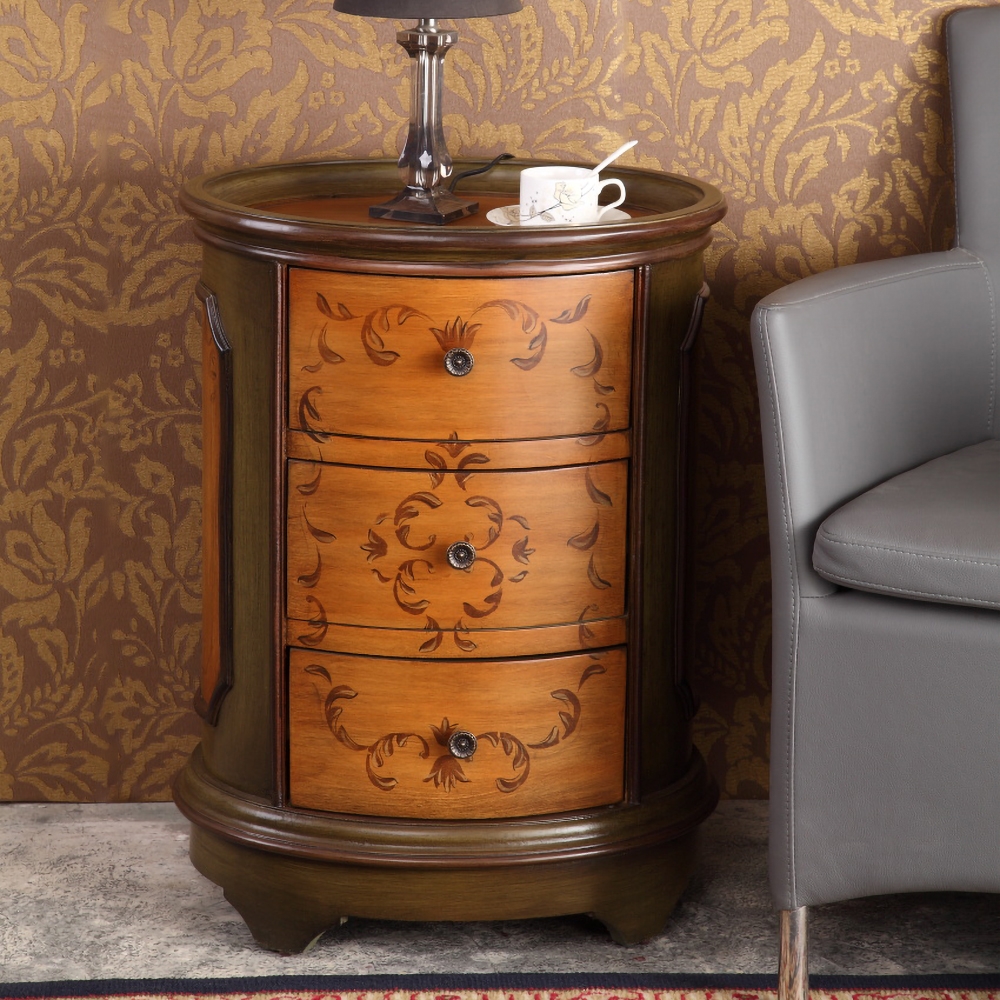 

20" Vintage Rustic Walnut Oval Side Table Floral Decorative Surface with 3 Drawers