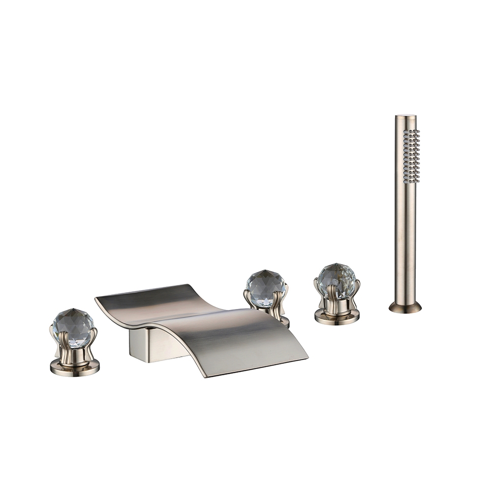 Deck Mounted Waterfall 5 Hole Filler Mixer Tap with Hand Shower Triple Crystal Handle