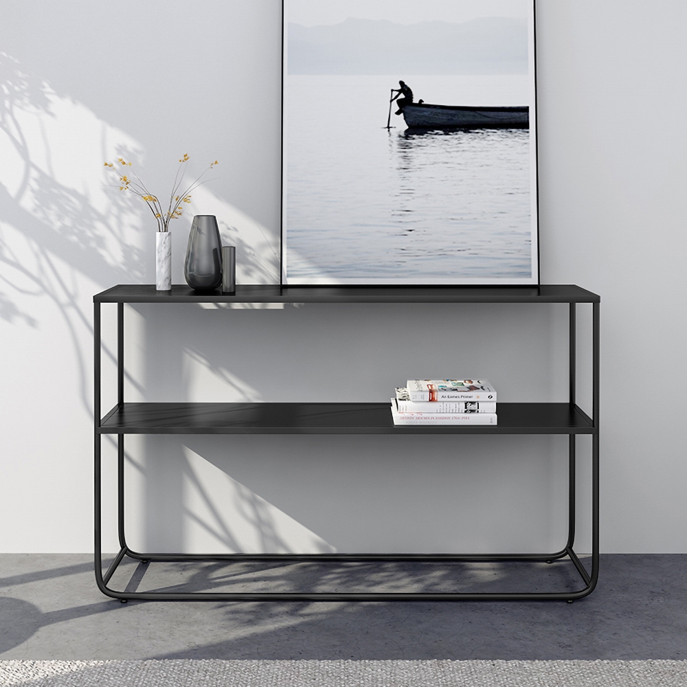 Modern Narrow Metal Console Table with Shelf in Black