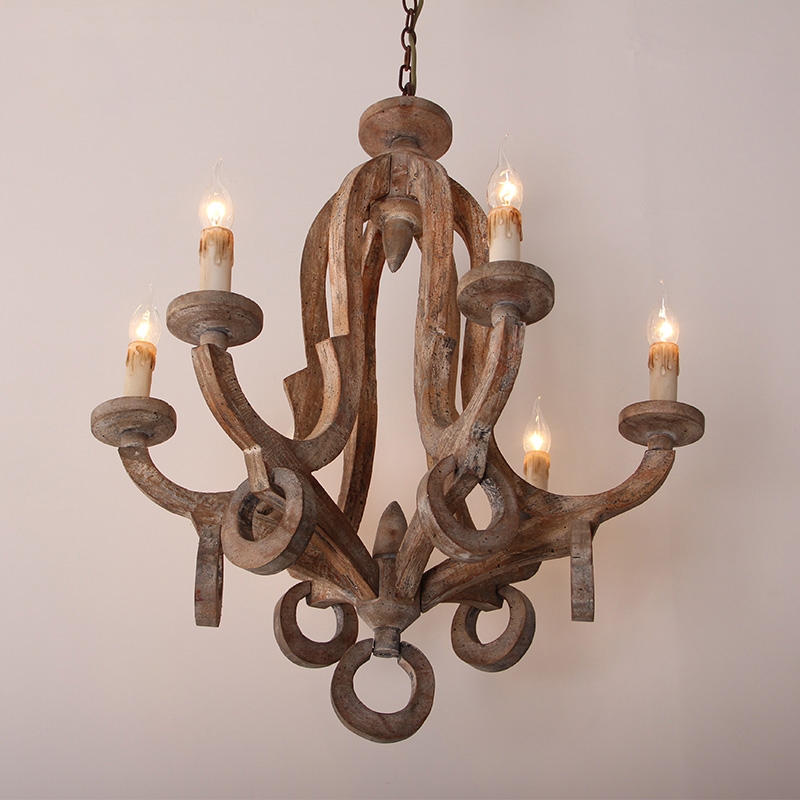 Image of Audrey Classic Cottage Chic Sculpted Wooden 6-Light Chandelier with Candle Shaped