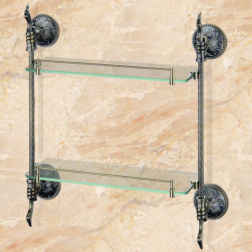 Atre Antique Brass Finish Dual Tier Bathroom Shelf Wall Mounted Glass Shelf With Rail Solid Brass