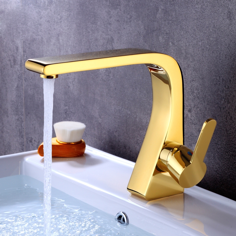

Contemporary Design 1-Handle Single Hole Solid Brass Bathroom Sink Faucet in Glistening Gold