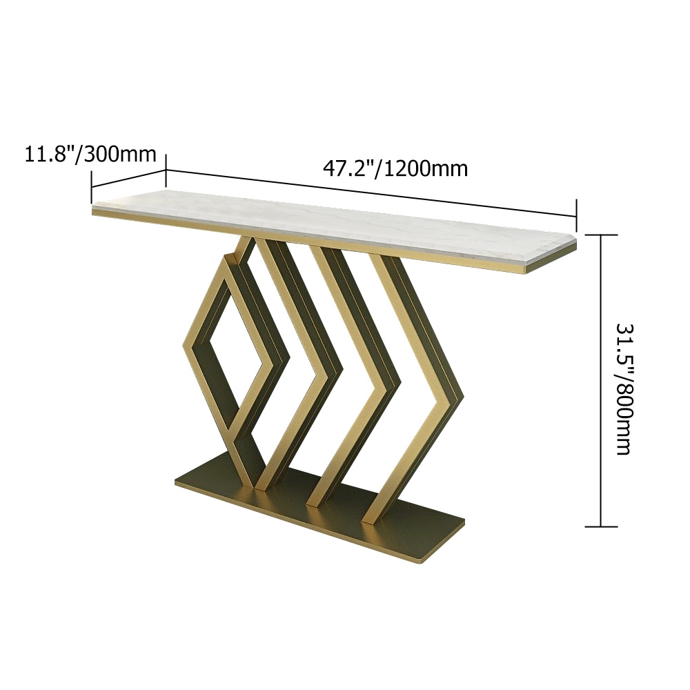 White Rectangular Narrow Console Table Luxury Modern Faux Marble Accent Table in Gold