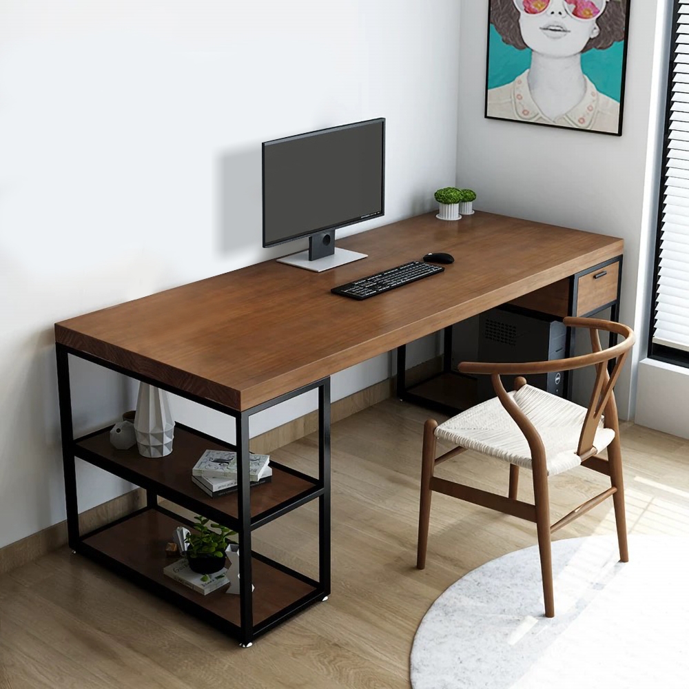 Image of Rustic Pine Wood Computer Desk Black Loft Writing Desk with Drawers & Shelf