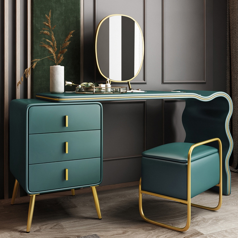 Green Makeup Vanity Set Extendable Dressing Table with Mirror & Side