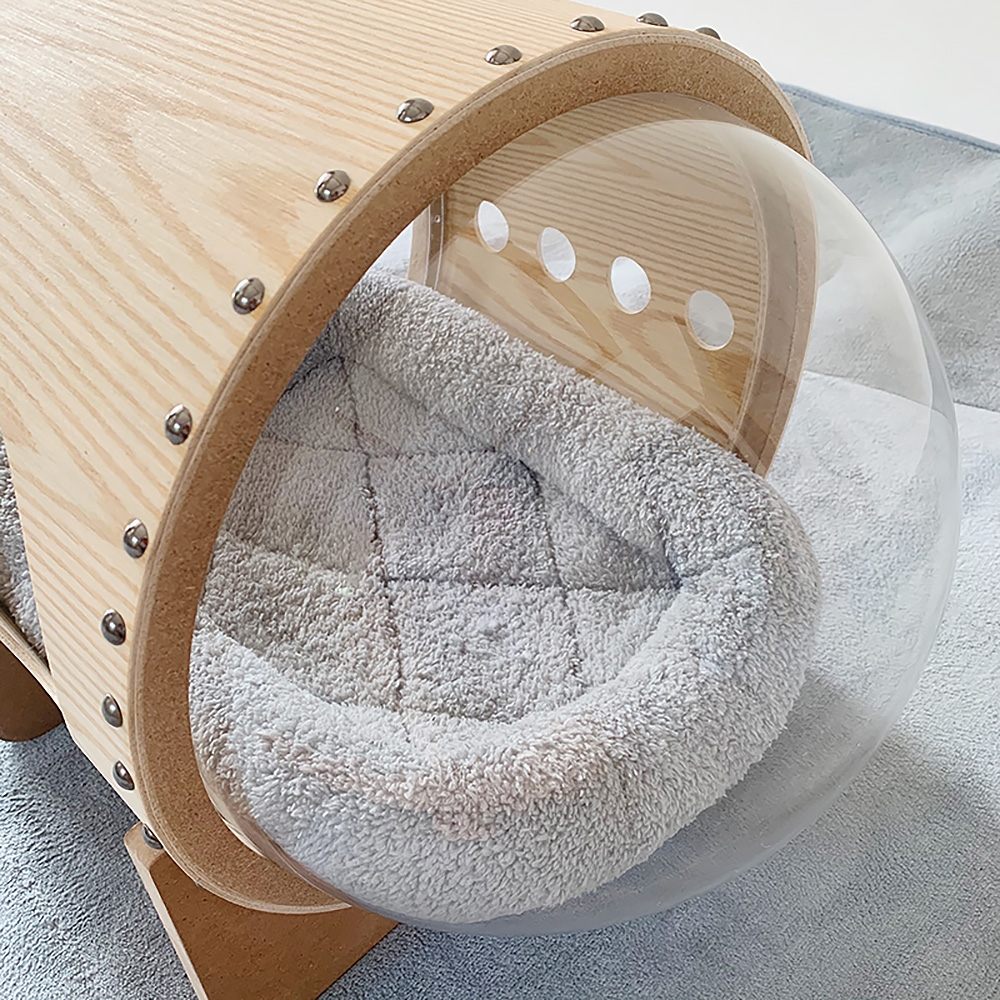 29.5" Long Space Capsule Cat Bed Oval Wood & Acrylic with Nailhead Trims