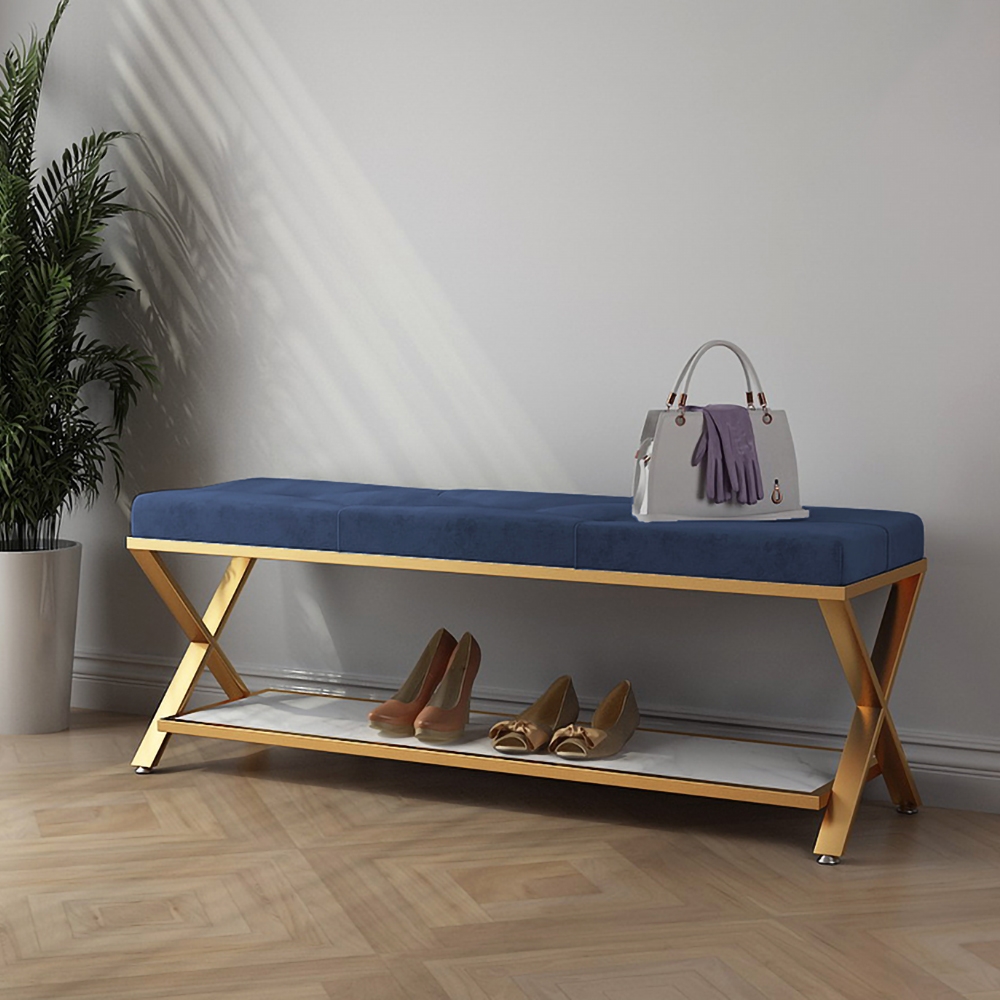 Blue Entryway Bench with Storage Bed Bench Velvet Upholstered with X-Shaped Base